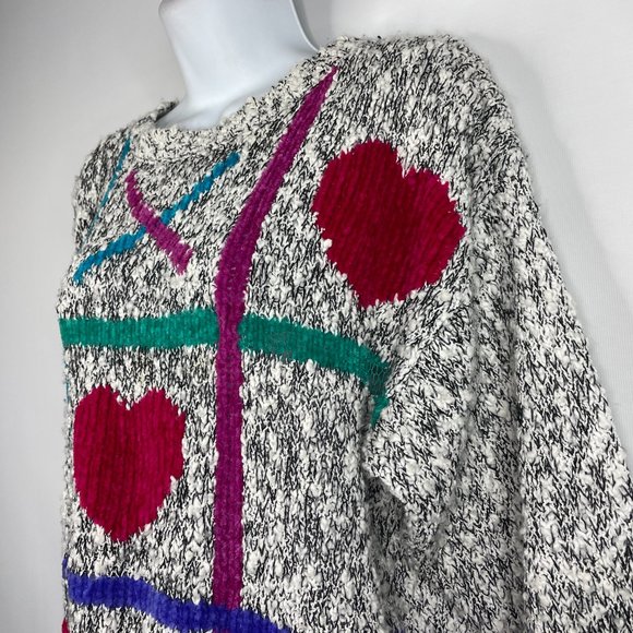 Vintage 80s Here's A Hug Sweater Size M Gray White Chunky Hearts Tic Tac Toe - Picture 6 of 8